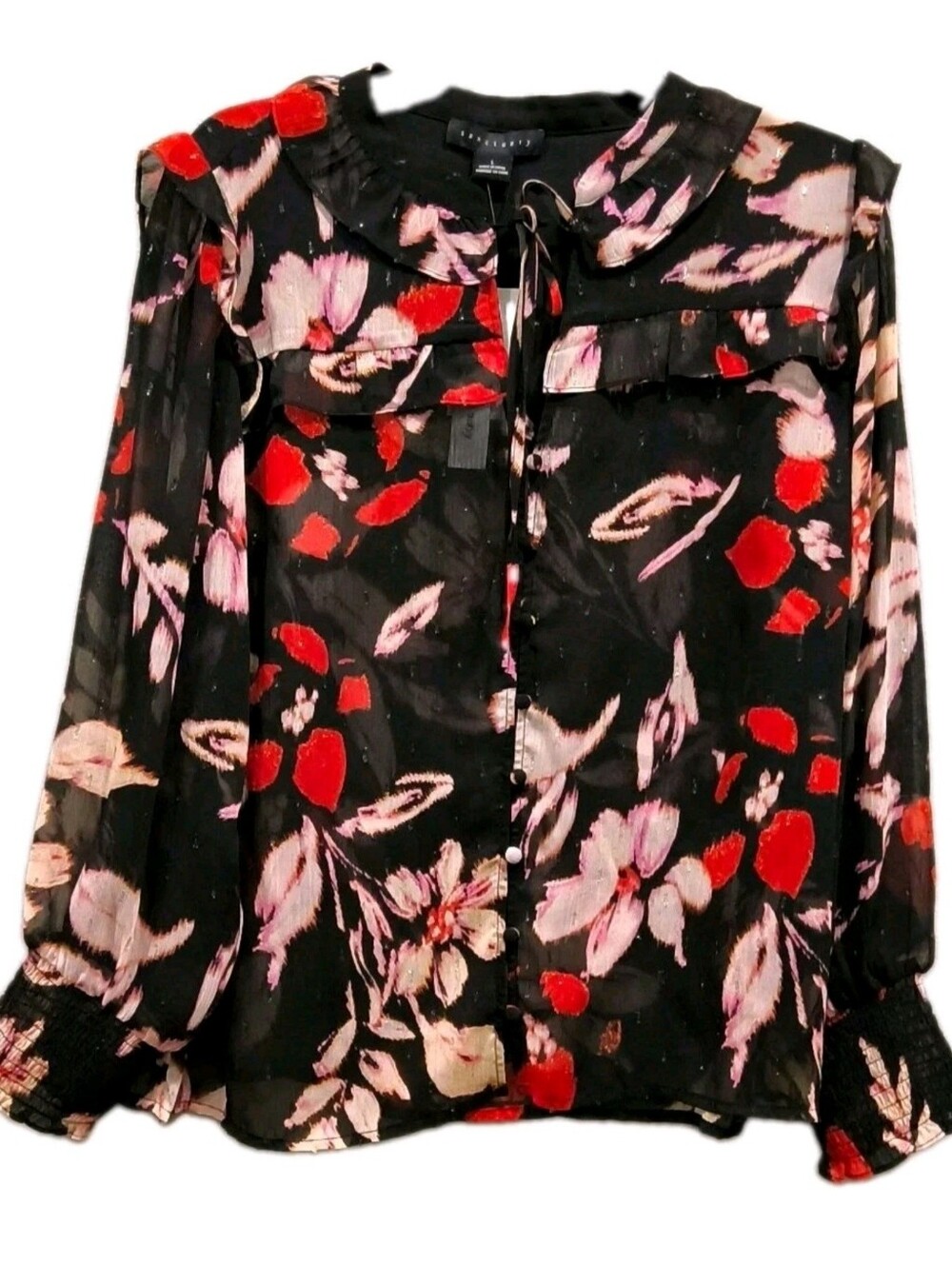 Sanctuary Black Floral Tie Neck Chiffon Smocked Lightweight Blouse  Sz L NWT
